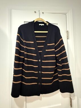 Vince Navy and Tan Striped Button-Front Women’s Cardigan Sweater